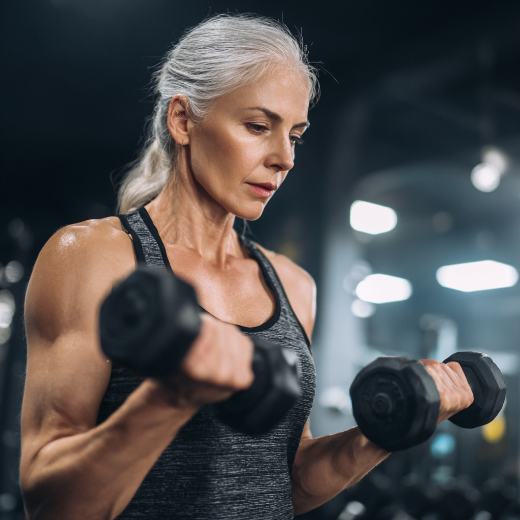 Зріла жінка виконує функціональні вправи з гантелями в сучасному фітнес-залі
