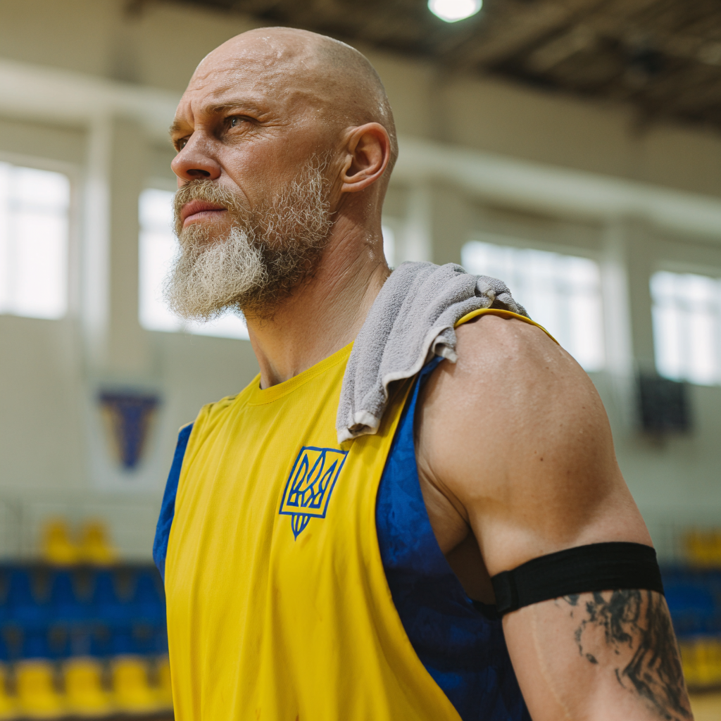 Чоловік середнього віку відпочиває після тренування з рушником на плечах у спортивному залі